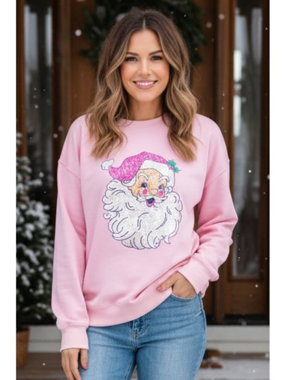 Sparkling Retro Santa Graphic Long Sleeve Crew Neck Sweatshirt Christmas Pullove